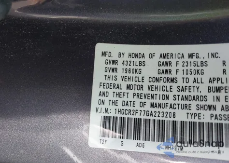 2016 Honda Accord Ex z USA, uszkodzony, nr VIN 1HGCR2F77GA223208